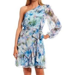 Alex Marie Sophie Blue Floral One Shoulder Dress